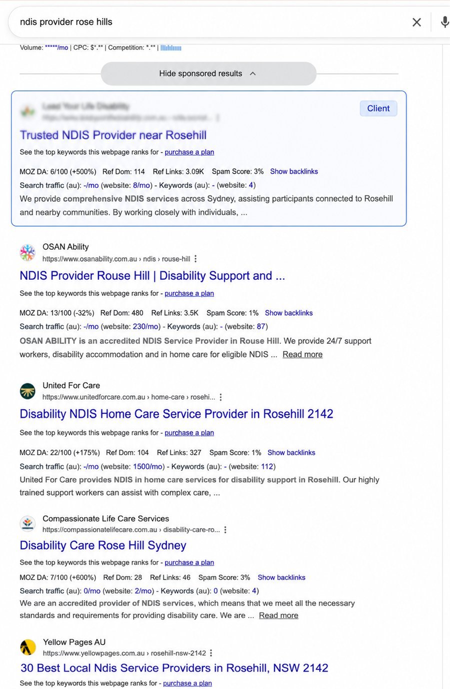 Google search results showing our NDIS provider client ranked at the top