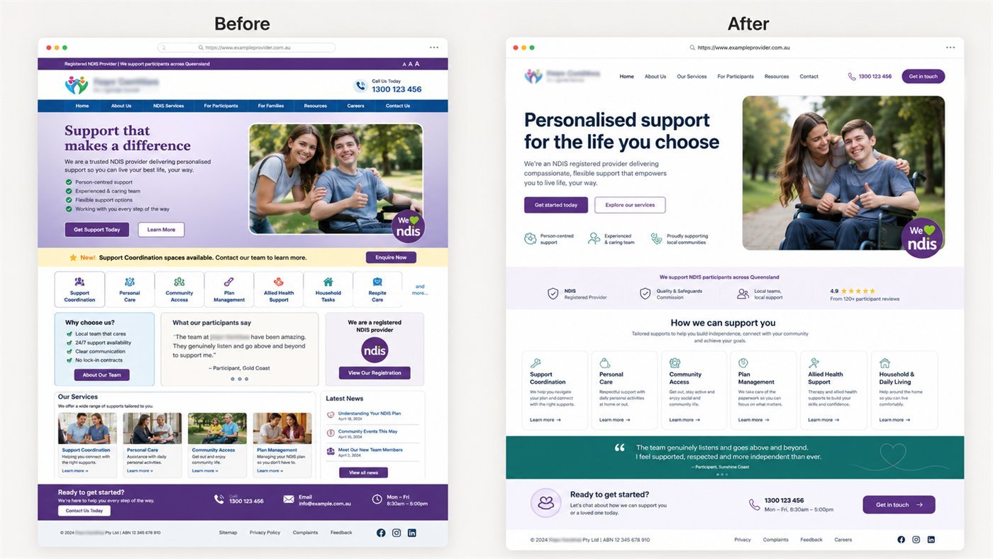 Before and after of an NDIS provider homepage rebuild